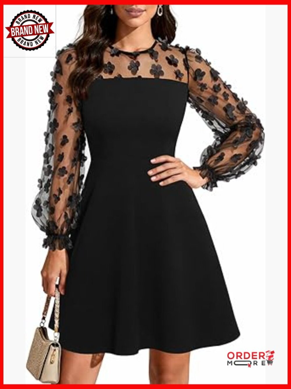 Women's Lace Sleeve Crew Neck A-Line Cocktail Dress